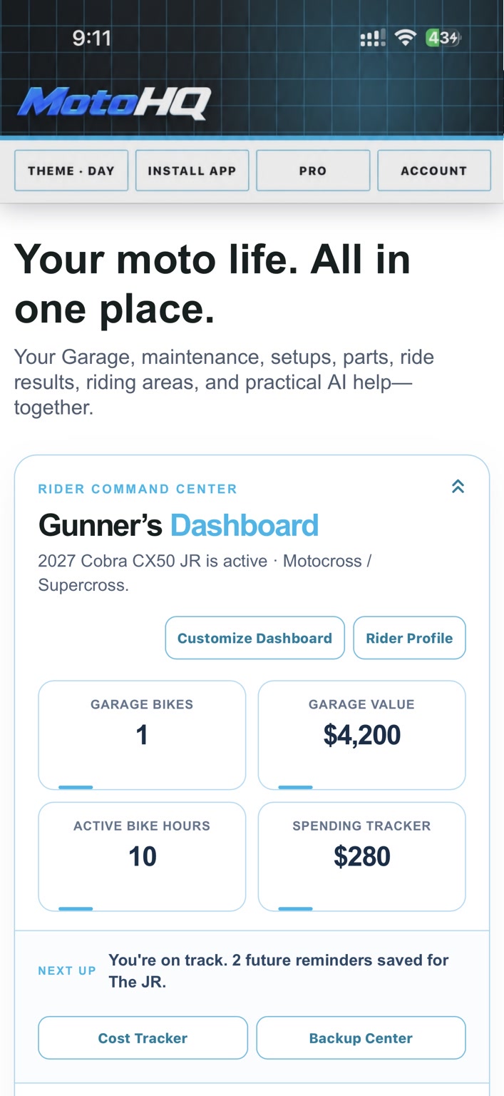 MotoHQ mobile rider dashboard